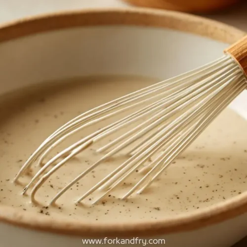 white pepper gravy in ceramic bowl with wooden handle whisk
