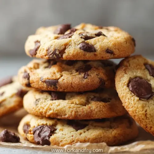 Stack of freshly baked chocolate chip cookies with melty chips and golden edges on a cooling rack.