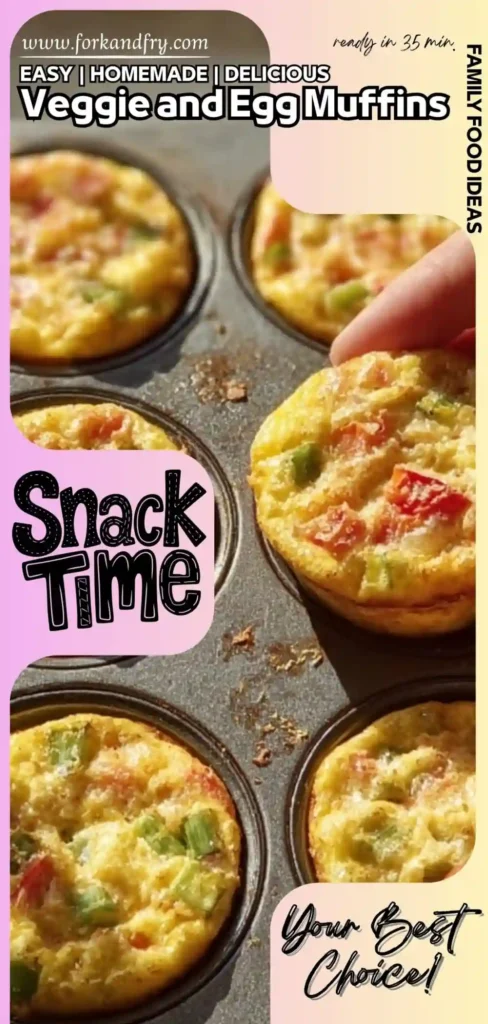 Snack Time Veggie u0026 Egg Muffins – Quick u0026 Healthy Recipe Vertical graphic of veggie and egg muffins with colorful text overlays promoting easy homemade snack ideas