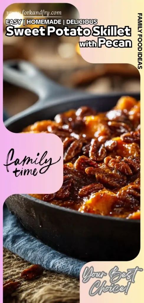 Golden sweet potato casserole baked in cast-iron skillet, topped with shiny caramelized pecans under soft golden light.