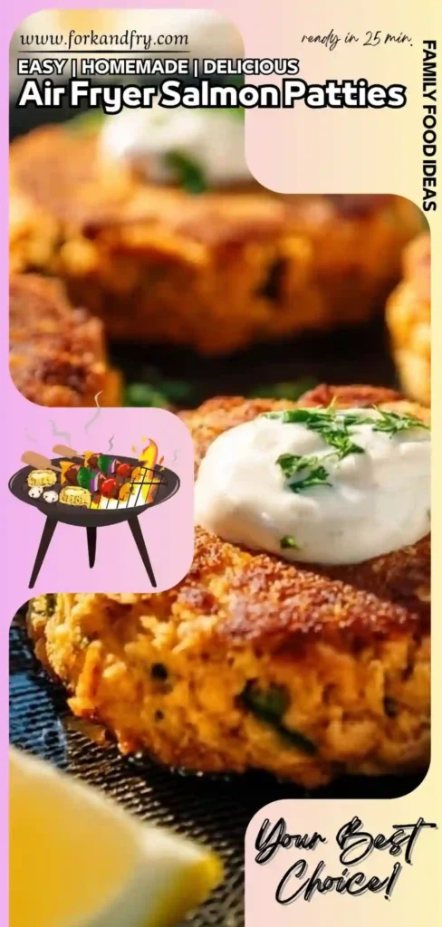 air-fryer-salmon-patties air fryer salmon patties topped with sour cream and herbs, served on a skillet with lemon wedge
