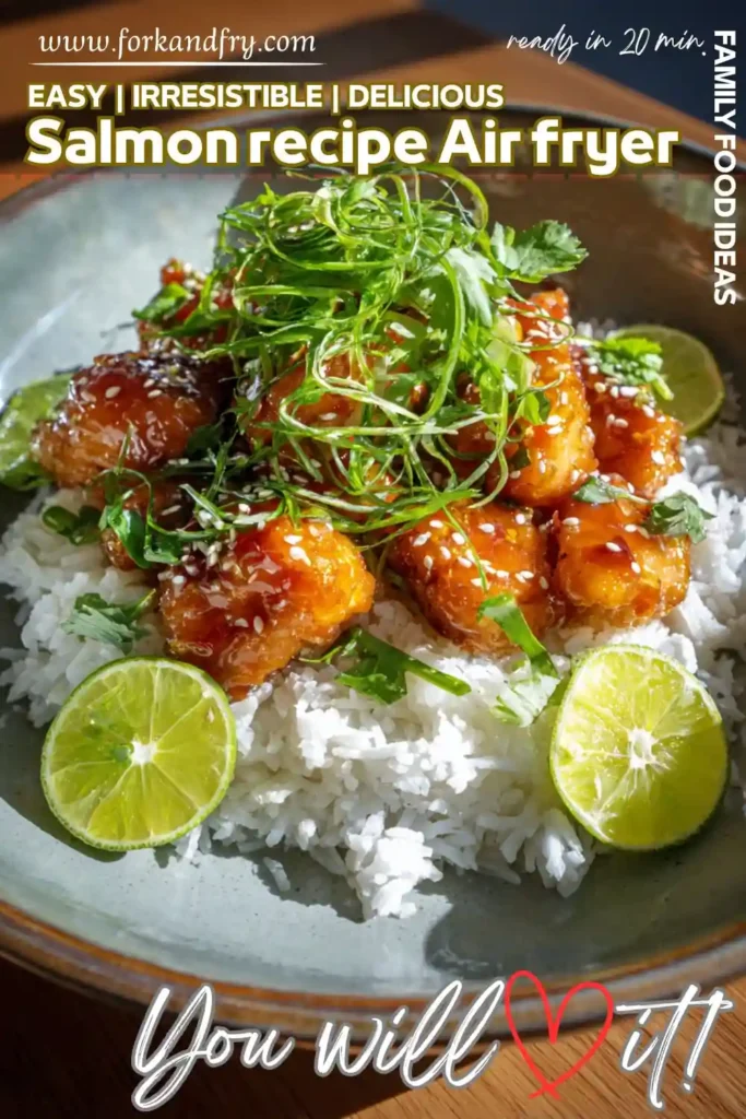 Quick Air Fryer Salmon Recipe with Rice and Lime crispy air fryer salmon bites with sesame glaze over white rice, garnished with lime and herbs