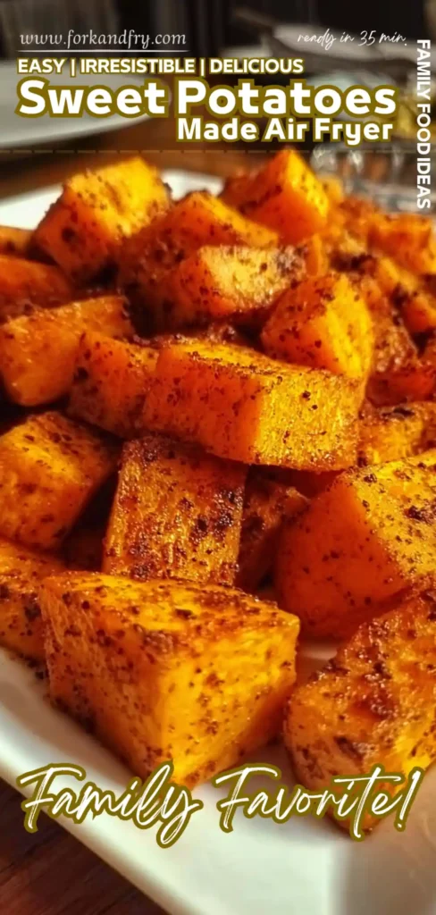 Sweet Potatoes in the Air Fryer Quick, Crispy u0026 Flavorful Seasoned sweet potato cubes air fried to crispy perfection on a white plate