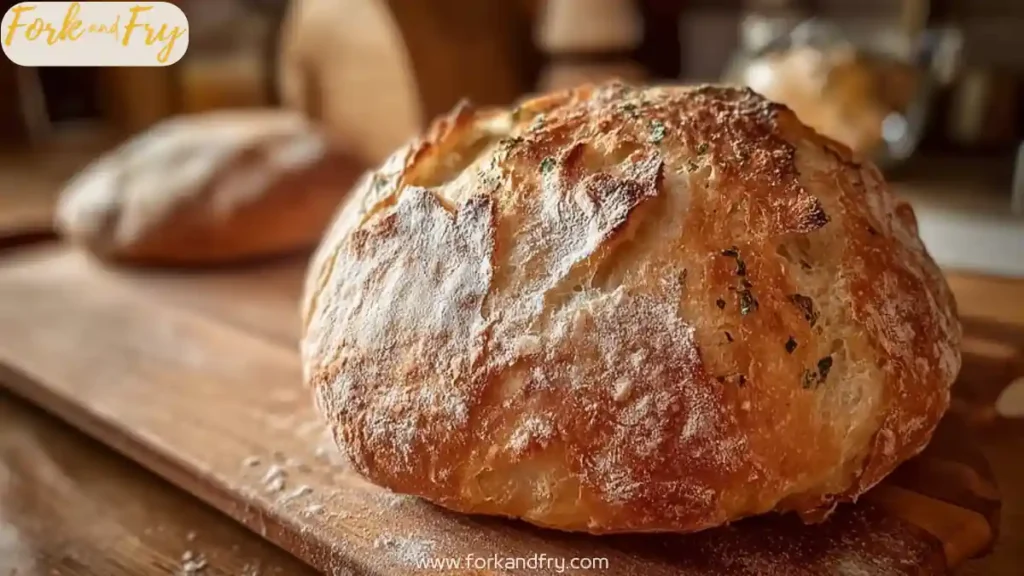 Rustic round artisan bread loaf with golden crust and flour dusting on a wooden board