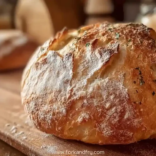 Rustic round artisan bread loaf with golden crust and flour dusting on a wooden board