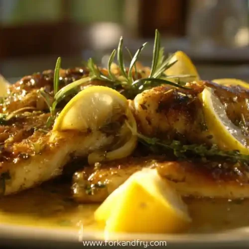 lemon butter fish fillets garnished with rosemary and served in golden sauce