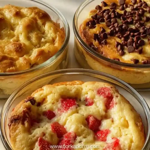 trio of baked pancakes in glass bowls with plain, chocolate chip, and strawberry toppings
