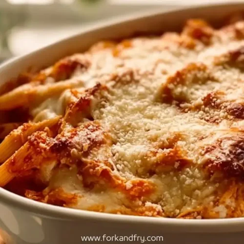 golden baked ziti with melted cheese and marinara in white ceramic dish