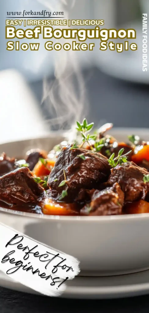 Close-up of beef bourguignon served in a white bowl with carrots, herbs, and red wine sauce, bright daylight.
