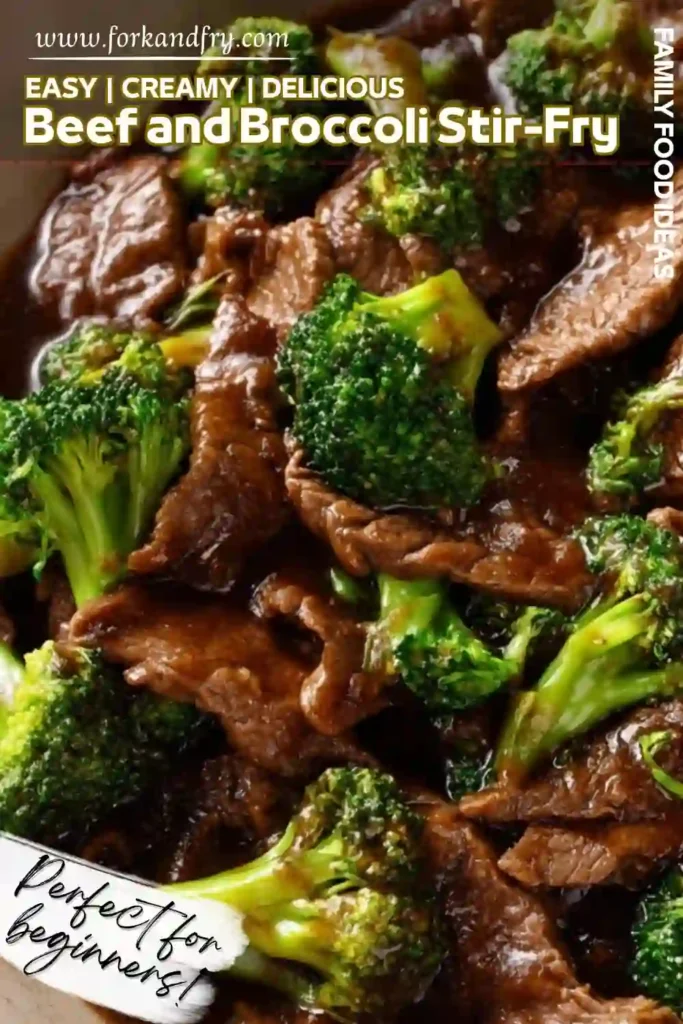 Close-up of beef and broccoli stir fry coated in savory brown sauce with crisp green florets