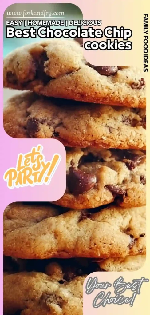 Tall stack of chewy chocolate chip cookies with golden edges and bold text overlay