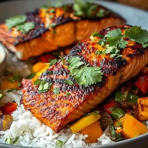 Blackened salmon fillets over rice with roasted vegetables, cilantro garnish, and lime wedge