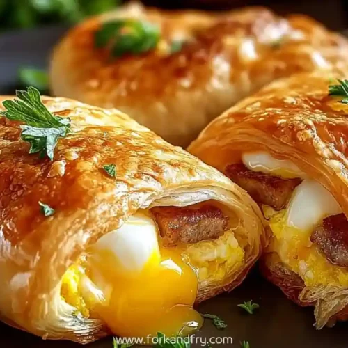Flaky breakfast pastry filled with sausage, scrambled eggs, and soft-cooked yolk, topped with parsley
