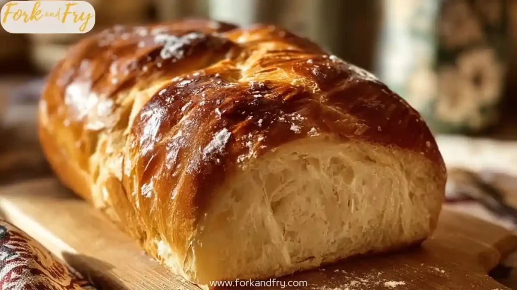 shiny crust brioche style white bread loaf sliced on wooden board