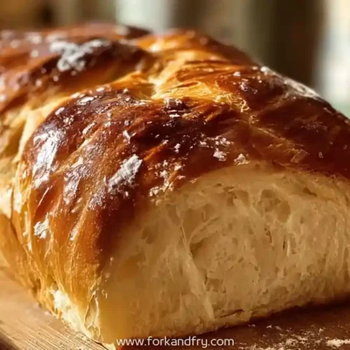 shiny crust brioche style white bread loaf sliced on wooden board