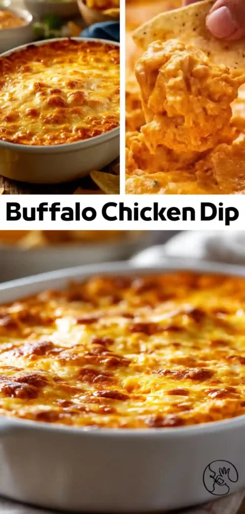 three views of buffalo chicken dip in white dishes with golden cheese topping and chip scoop