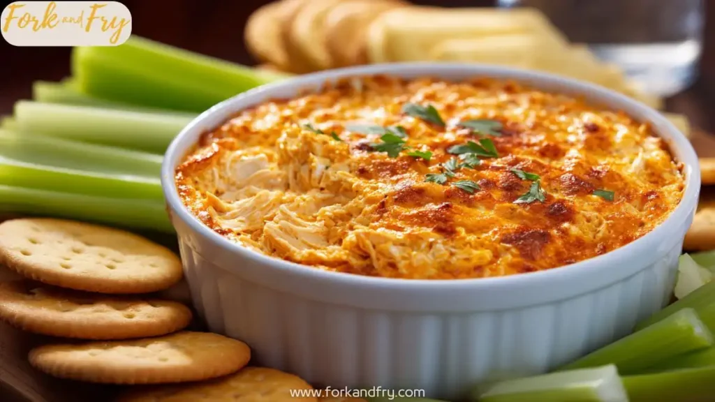 creamy buffalo chicken dip baked golden in white ramekin, surrounded by celery sticks and crackers