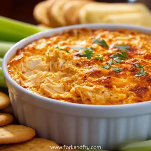 creamy buffalo chicken dip baked golden in white ramekin, surrounded by celery sticks and crackers