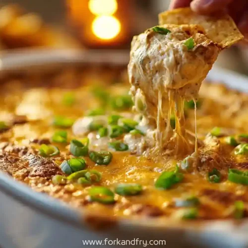 buffalo chicken dip with golden cheese topping and tortilla chip scoop in white dish
