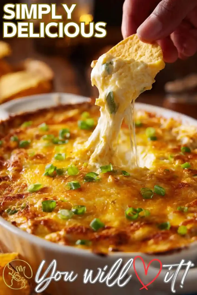 Best Buffalo Chicken Dip with Cheese and Green Onions buffalo chicken dip with golden cheese and green onions being scooped with a chip