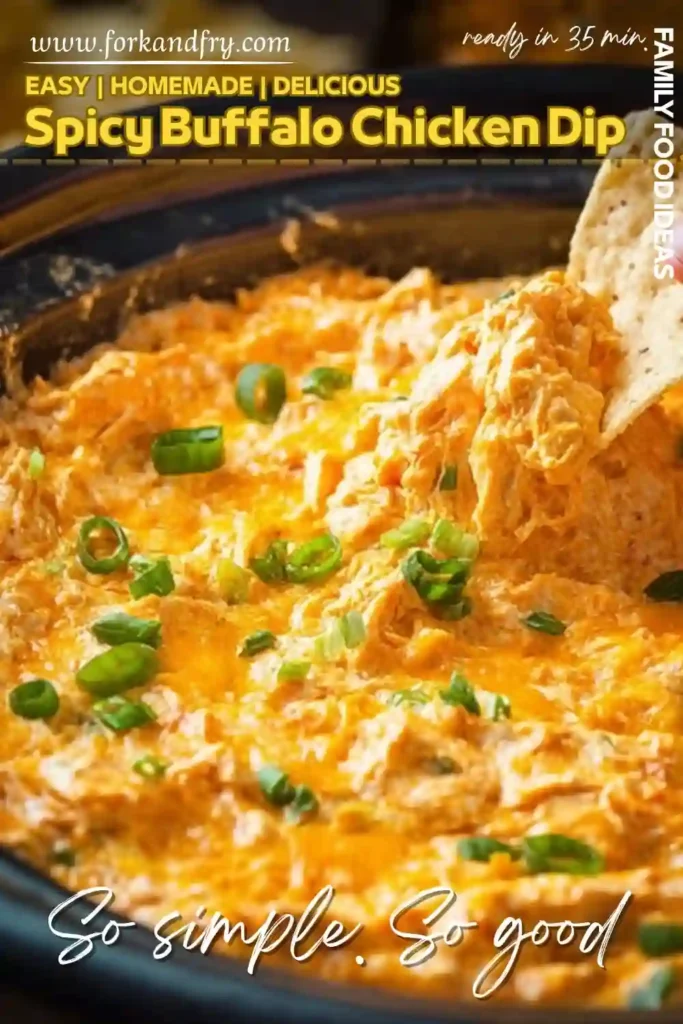 Hot Buffalo Chicken Dip with Cheese and Scallions creamy spicy buffalo chicken dip topped with melted cheese and green onions served in a slow cooker