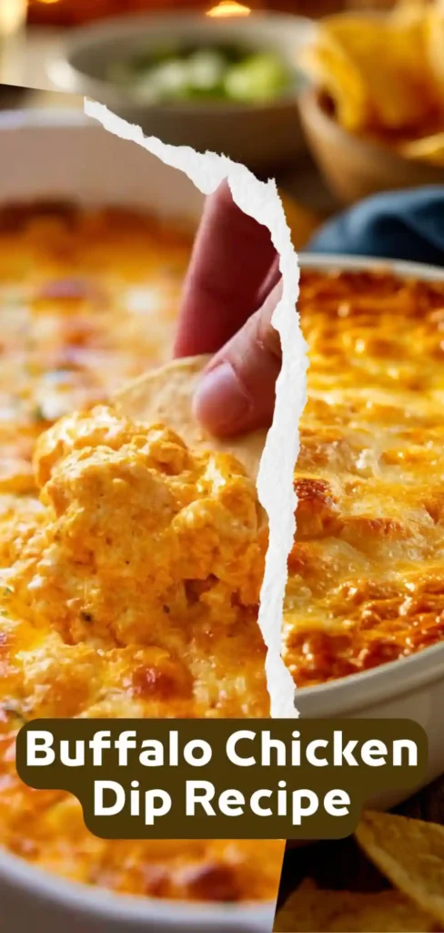 buffalo chicken dip being scooped with a tortilla chip, side-by-side baked view
