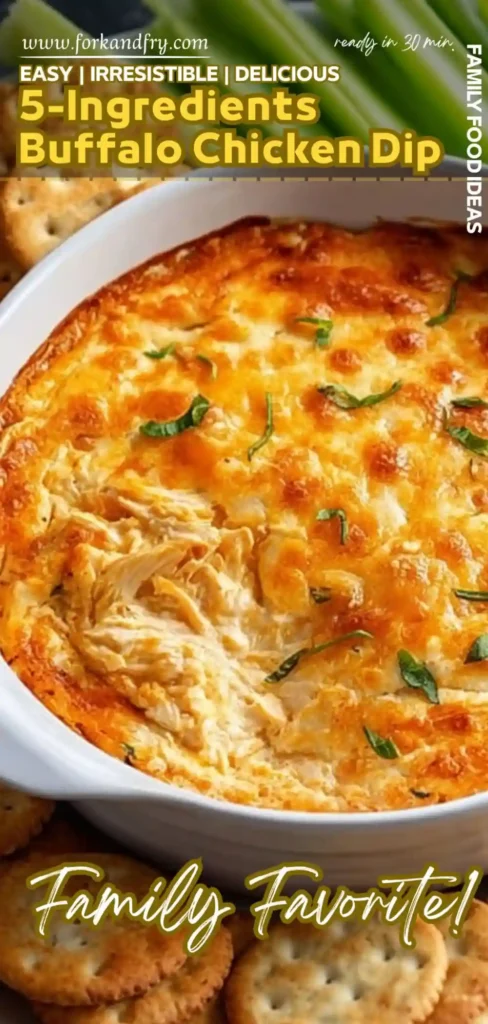 Easy 5-Ingredient Buffalo Chicken Dip Recipe baked buffalo chicken dip in white ramekin topped with melted cheese, surrounded by crackers and celery