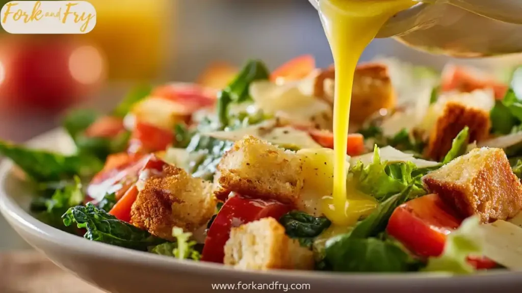 Caesar salad with croutons, fresh greens, tomatoes, and honey mustard dressing being poured