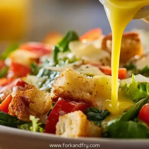 Caesar salad with croutons, fresh greens, tomatoes, and honey mustard dressing being poured