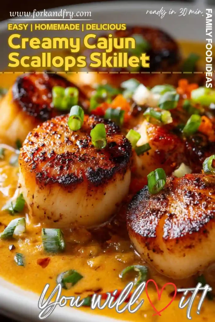 seared scallops in creamy Cajun sauce garnished with green onions