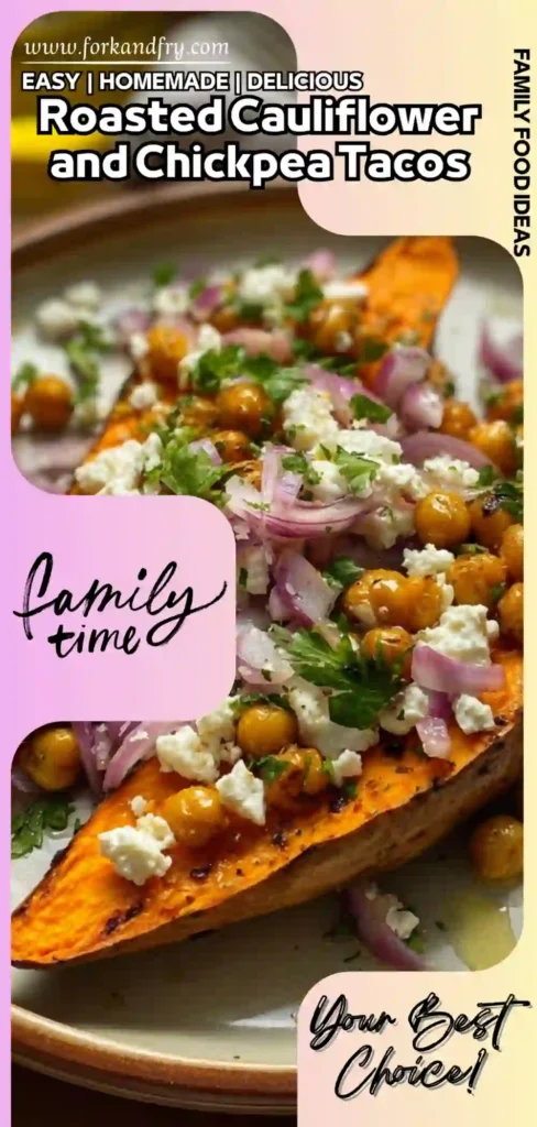 Roasted Cauliflower and Chickpea Tacos – Bold, Easy u0026 Family-Approved Vertical image of roasted sweet potatoes topped with chickpeas, red onion, feta, and parsley with bold Pinterest-style text overlay