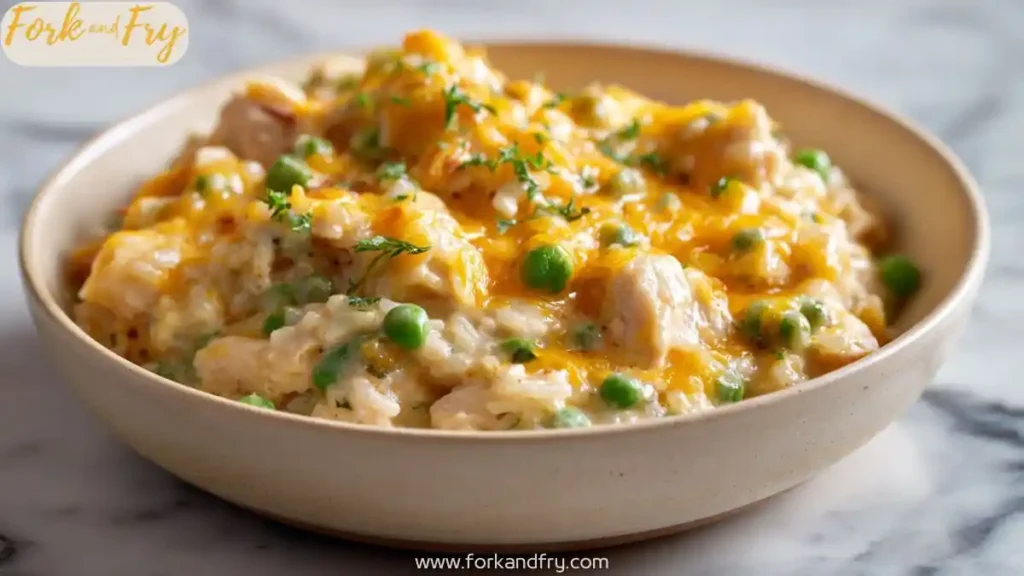 Cheesy chicken and rice casserole with peas in a beige bowl, topped with fresh herbs