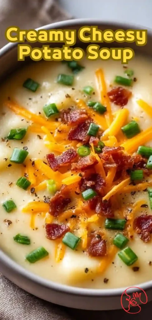 creamy cheesy potato soup with cheddar, bacon and scallions in a gray bowl