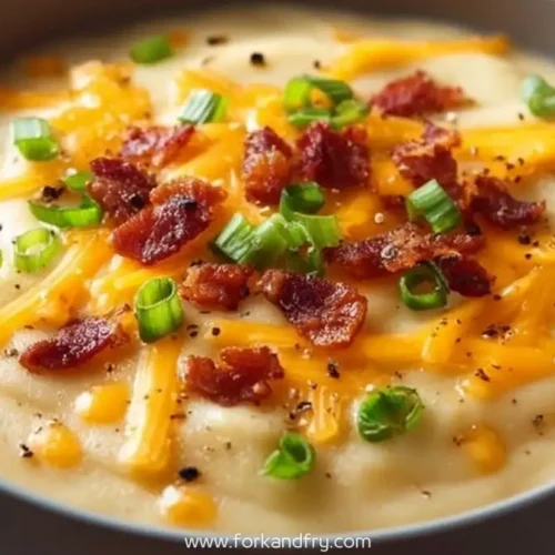 bowl of creamy cheesy potato soup topped with crispy bacon, cheddar and green onions