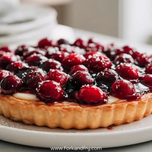 Glazed cherry tart with golden crust and creamy filling on white plate near window
