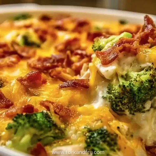 cheesy chicken broccoli casserole with crispy bacon topping in white baking dish