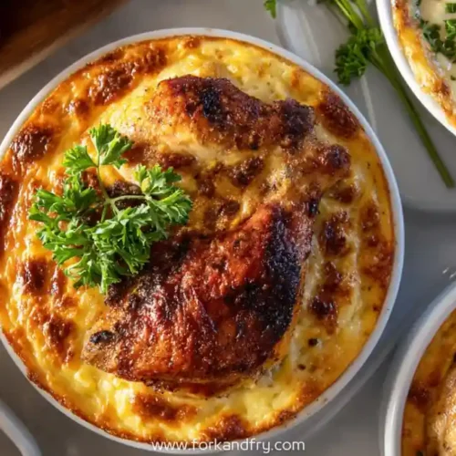 baked chicken casserole with golden crust and parsley in white ramekin