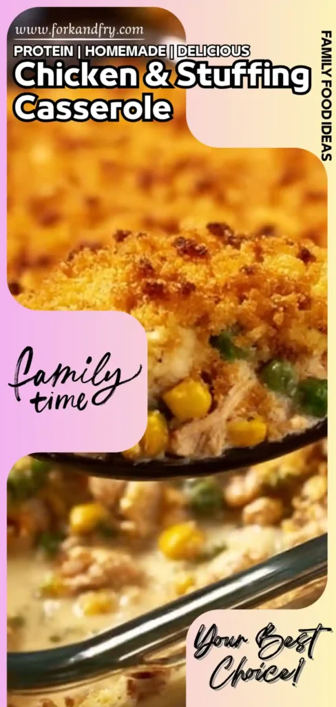 Chicken u0026 Stuffing Casserole – Crispy, Creamy u0026 Family-Friendly rispy baked chicken and stuffing casserole with corn and peas in a glass baking dish