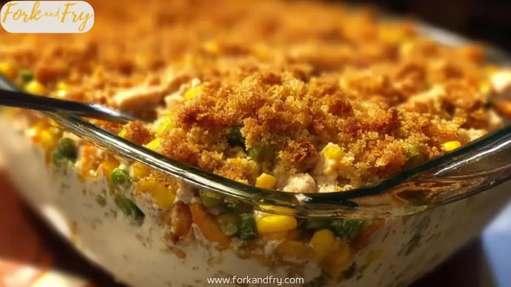 creamy chicken and vegetable casserole with golden breadcrumb topping in glass dish, Fork and Fry branding