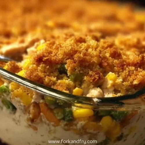 creamy chicken and vegetable casserole with golden breadcrumb topping in glass dish, Fork and Fry branding