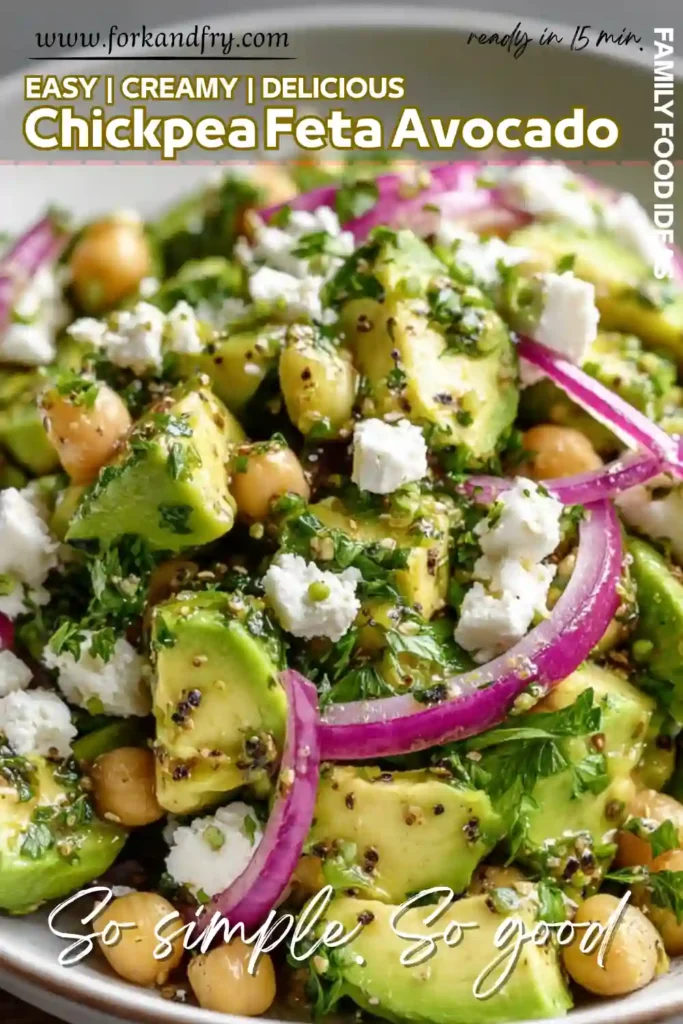Easy Chickpea Feta Avocado Salad – Family Food Idea chickpea avocado salad with feta, red onions, and herbs in story layout with healthy food text