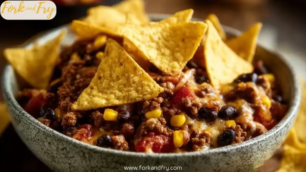 bowl of chili topped with melted cheese, black beans, corn, and crispy nacho chips