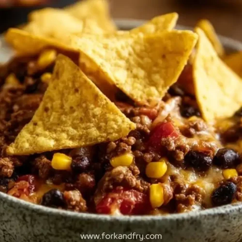 bowl of chili topped with melted cheese, black beans, corn, and crispy nacho chips