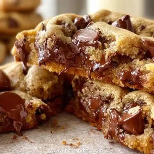 gooey chocolate chip cookies with melted chocolate chunks stacked on a parchment surface
