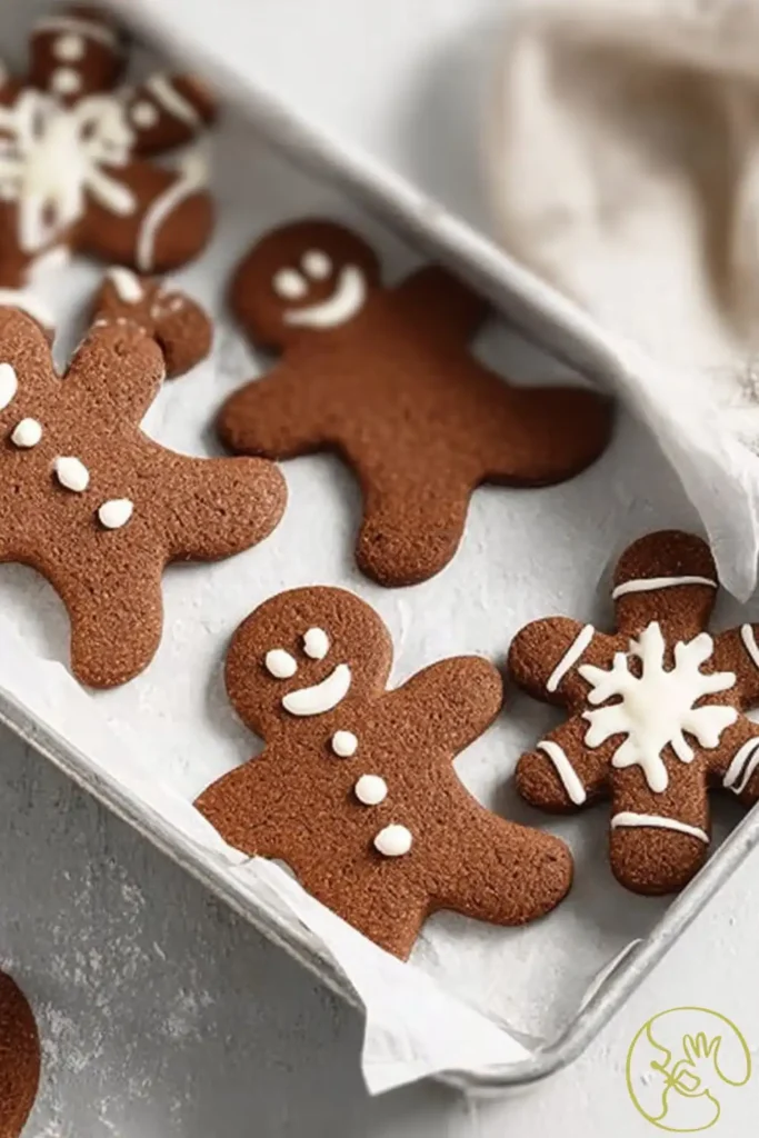 tray of chocolate gingerbread cookies with white icing decorations in gingerbread man and snowflake shapes