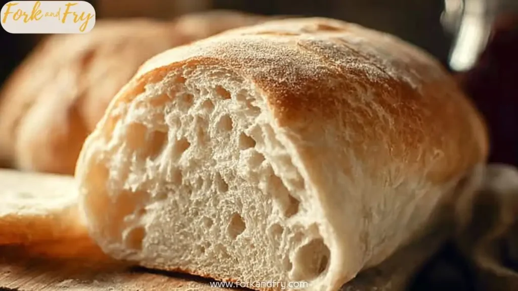 fresh ciabatta bread loaf cut open showing airy crumb and golden crust