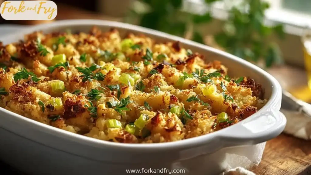 golden baked stuffing in a white casserole dish with celery and herbs