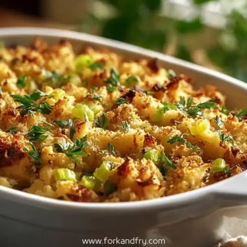 golden baked stuffing in a white casserole dish with celery and herbs