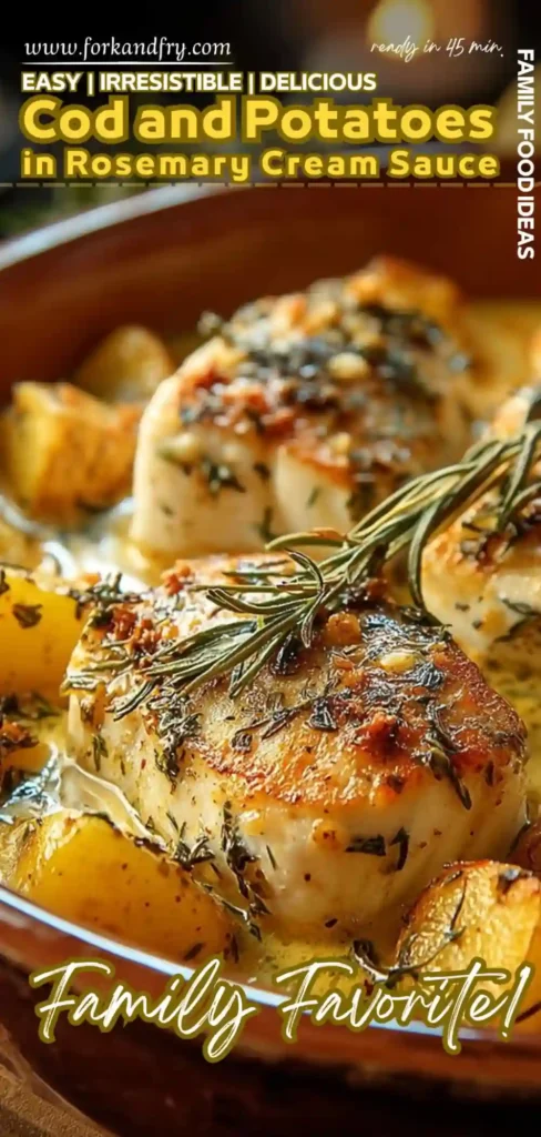 Cod and Potatoes in Rosemary Cream Sauce baked cod with rosemary and golden potatoes in creamy sauce in ceramic dish