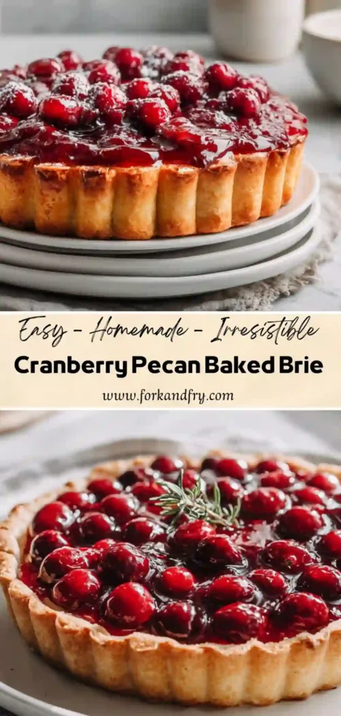Cranberry Pecan Baked Brie Tart – Easy Holiday Favorite Vertical collage of cranberry pecan baked brie tart with golden pastry and glazed berries